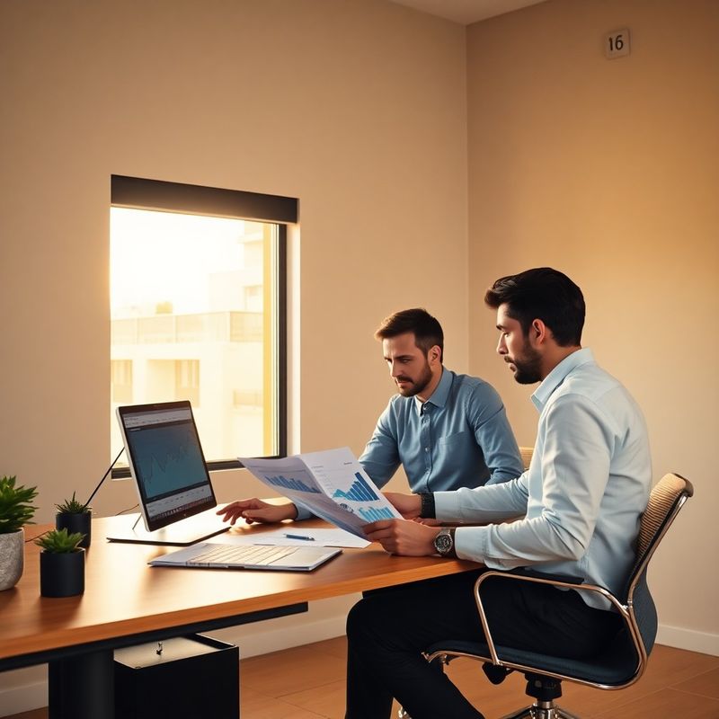 Dos profesionales financieros revisando gráficos impresos en una oficina minimalista de Madrid