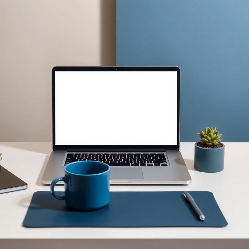 Escritorio minimalista con portátil abierto en una ventana de correo y taza índigo